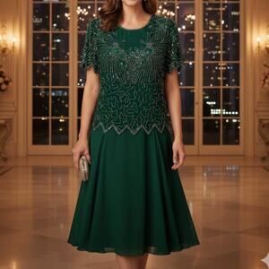 Vintage Laurence Kazar NY Beaded Gown 100% Silk Dress Drop Waist Green M 1920s